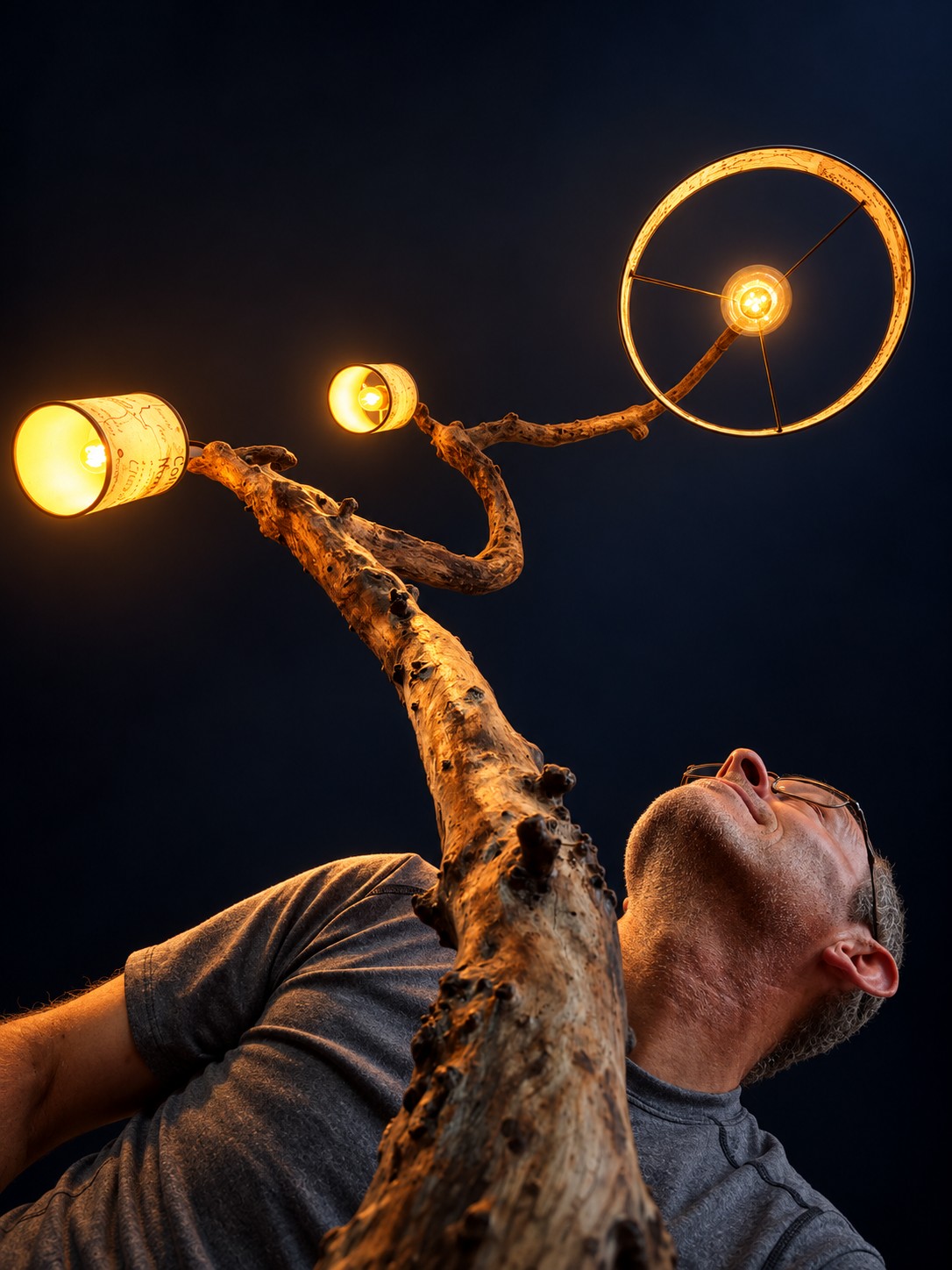 Stéphane Raux admirant l'un de ses luminaires en bois allumés, de nuit